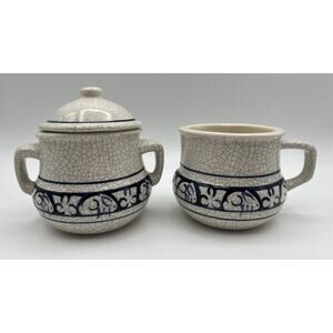 Potting Shed Dedham Pottery Blue Rabbit Creamer & Lidded Sugar Bowl Signed USA